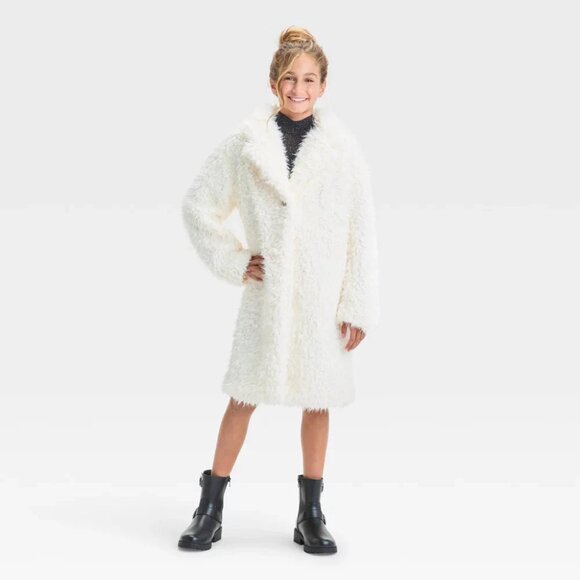 Art Class Girl's Size XL Ivory Long Faux Fur Mid Length Single-Button Lined Coat - Picture 1 of 16